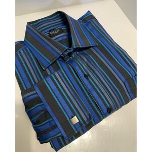 Paul Smith Blue Black Striped Long Sleeve Button Up Shirt Men's 17 Double Cuff
